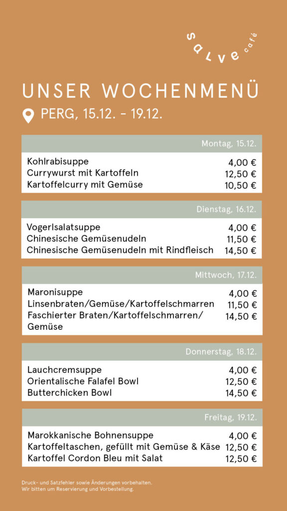 Das Wochenmenü vom Salve-Cafe in Perg für die Kalenderwoche 51