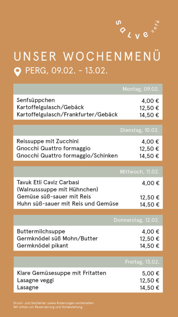 Das Wochenmenü vom Salve-Cafe-Bistro in Perg für KW 07