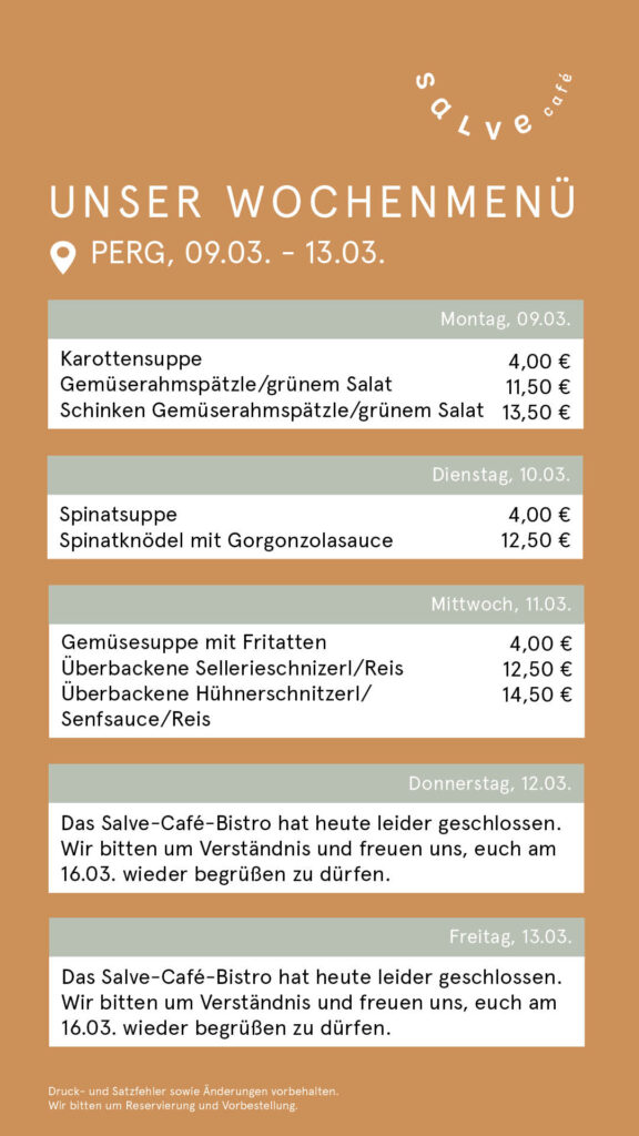 Das Wochenmenü für das Salve-Cafe-Bistro im Pebios in Perg für KW 11