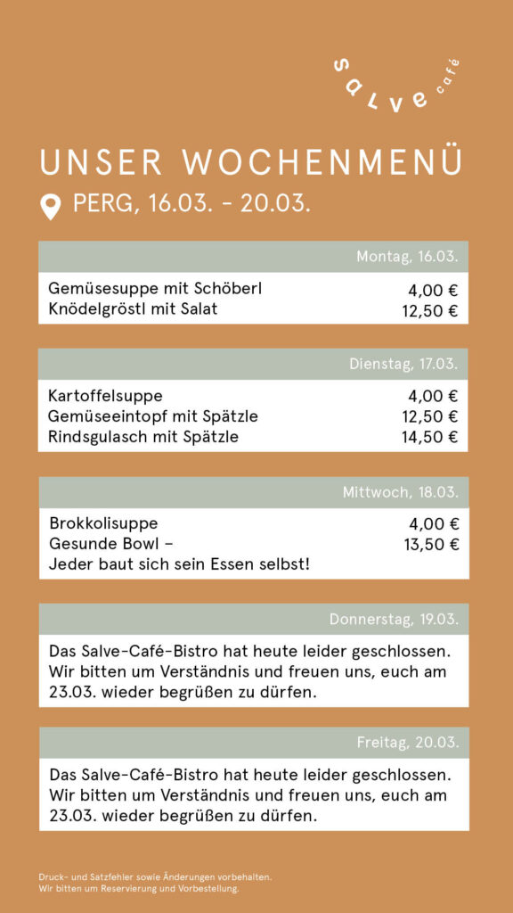 Das Wochenmenü für das Salve-Café-Bistro in Perg für KW 12