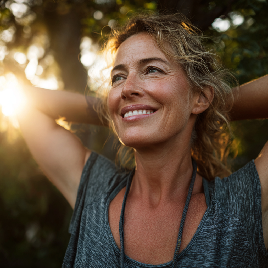 Eine Frau, die sich entspannt zurücklehnt, nachdem sie den Vorsorgecheck der Wiener Städtischen bei Pebios in Perg in Anspruch nahm.