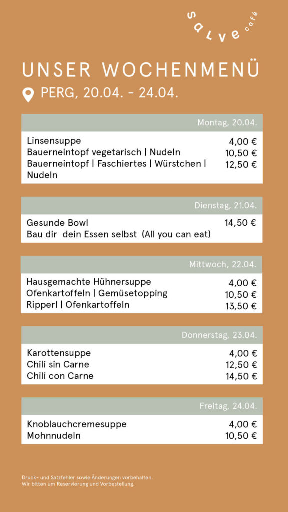 Das Wochenmenü vom Salve-Cafe-Bistro im Pebios Perg für KW 17