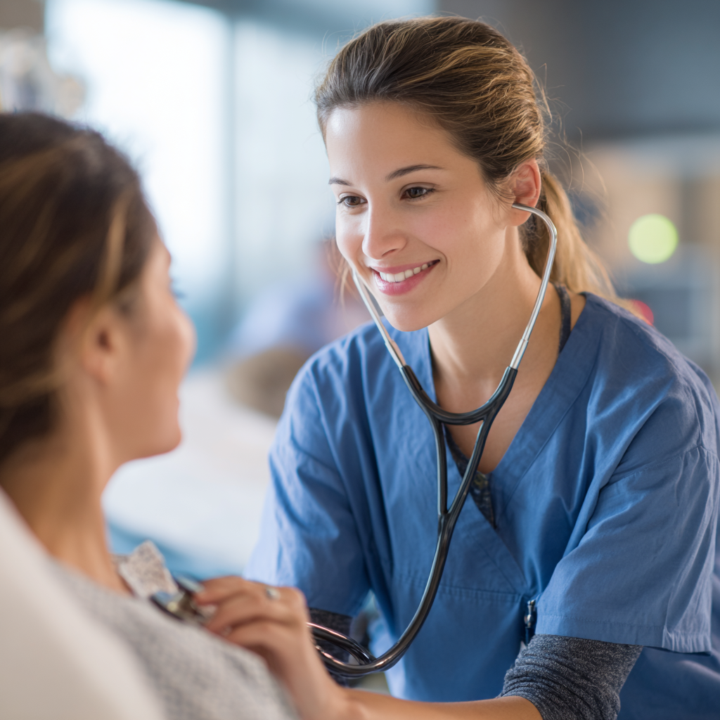 Eine Ärztin hört bei der Donau Aktiv Vorsorge die Lunge einer Patientin im Pebios Perg ab